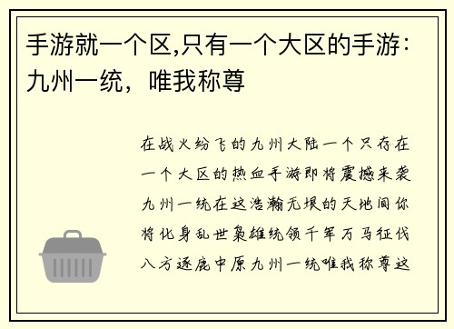 手游就一个区,只有一个大区的手游：九州一统，唯我称尊