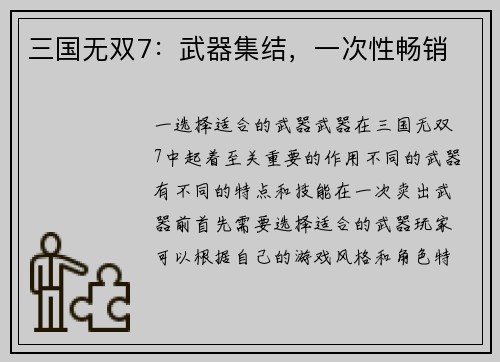 三国无双7：武器集结，一次性畅销