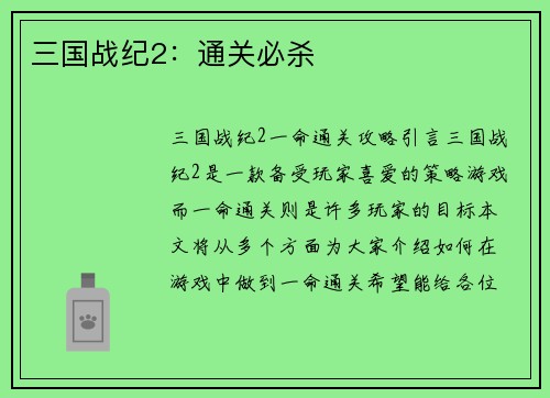 三国战纪2：通关必杀